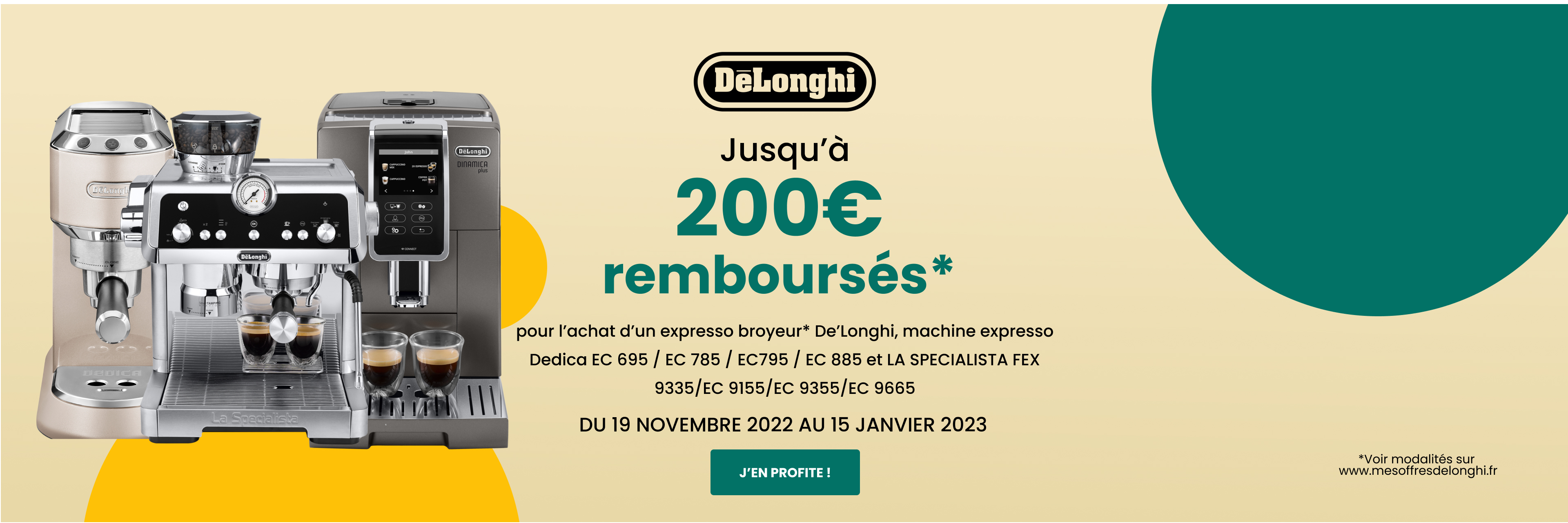 Jusqu’à 200€ remboursés* pour l’achat d’un expresso broyeur* De’Longhi, machine expresso Dedica et La Specialista